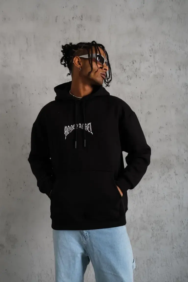 3 İplik Pamuklu Baskılı Kapüşonlu Cepli Sweatshirt Hoodie - Siyah