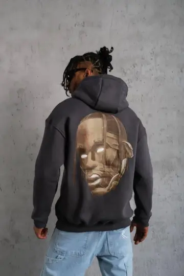 Kordonlu Arka Maske Kordon Saçlı 3 iplik pamuklu Kapüşonlu sweatshirt - Füme