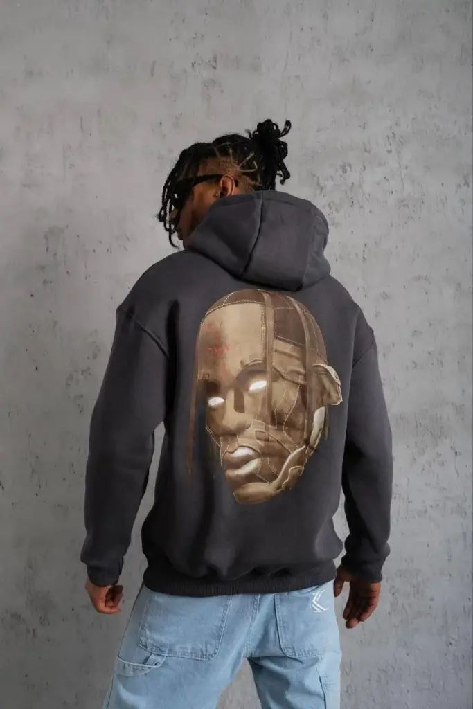 Kordonlu Arka Maske Kordon Saçlı 3 iplik pamuklu Kapüşonlu sweatshirt - Füme