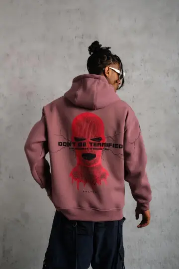 3 İplik Pamuklu Kapüşonlu Baskılı Cepli Sweatshirt Hoodie - Gül Kurusu