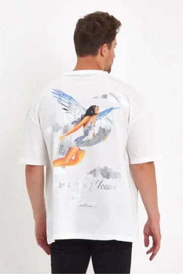 Kısa Kol Tişört Bisiklet Yaka MELEK Baskılı Oversize T-Shirt - Beyaz
