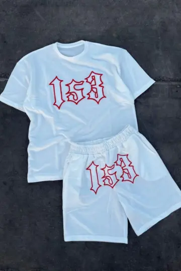 Nakış İşlemeli Şortlu Kısa kol Alt-Üst Takım - Beyaz