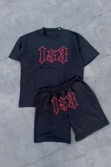 Nakış İşlemeli Şortlu Kısa kol Alt-Üst Takım - Siyah