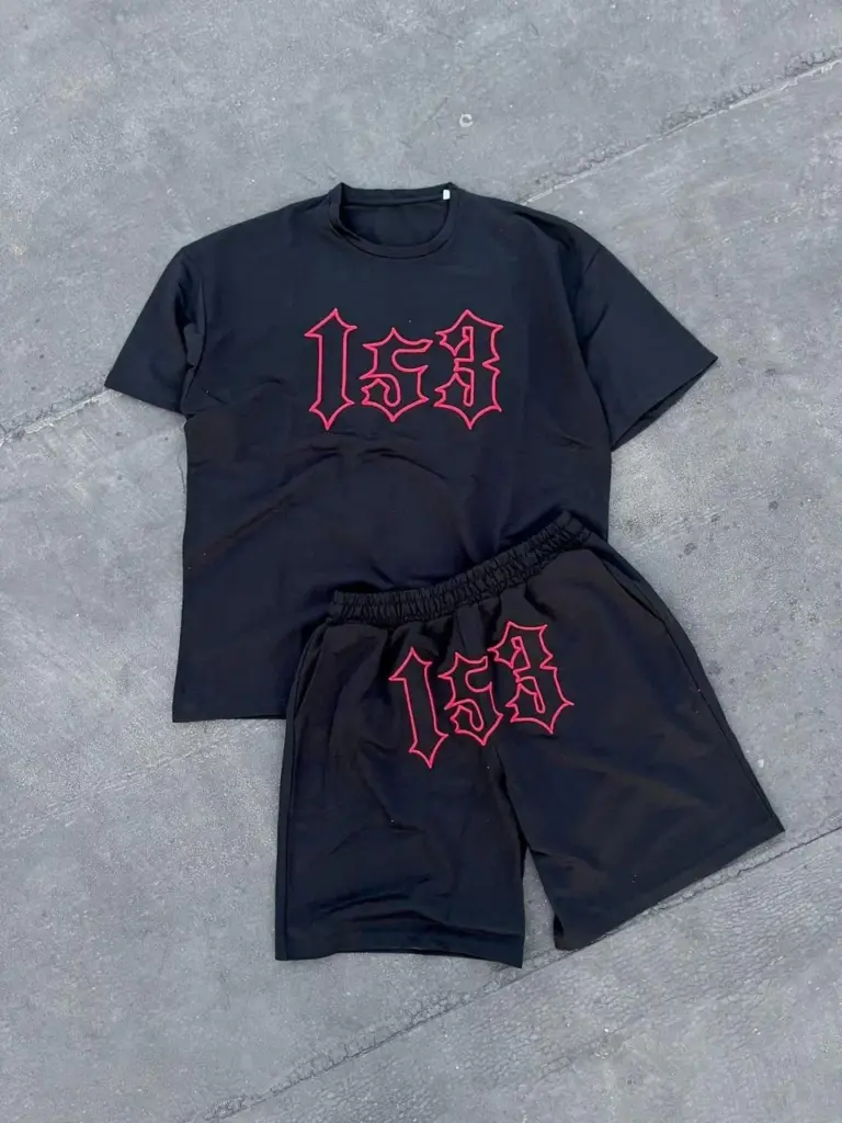 Nakış İşlemeli Şortlu Kısa kol Alt-Üst Takım - Siyah