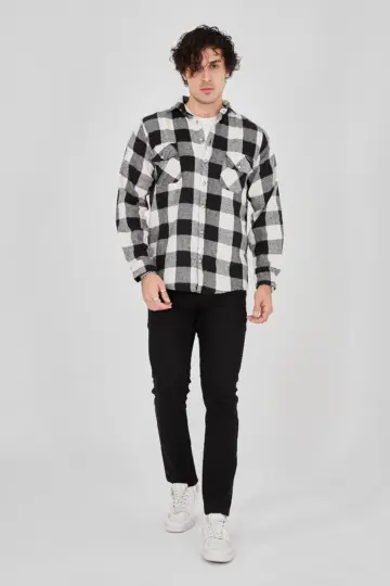 Oduncu Gömlek Uzun Kollu Şardonlu Kareli Desen Regular Fit Manşetli Çift - Siyah