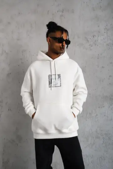 3 İplik Pamuklu Kapüşonlu Baskılı Cepli Oversize Sweatshirt Hoodie - Beyaz