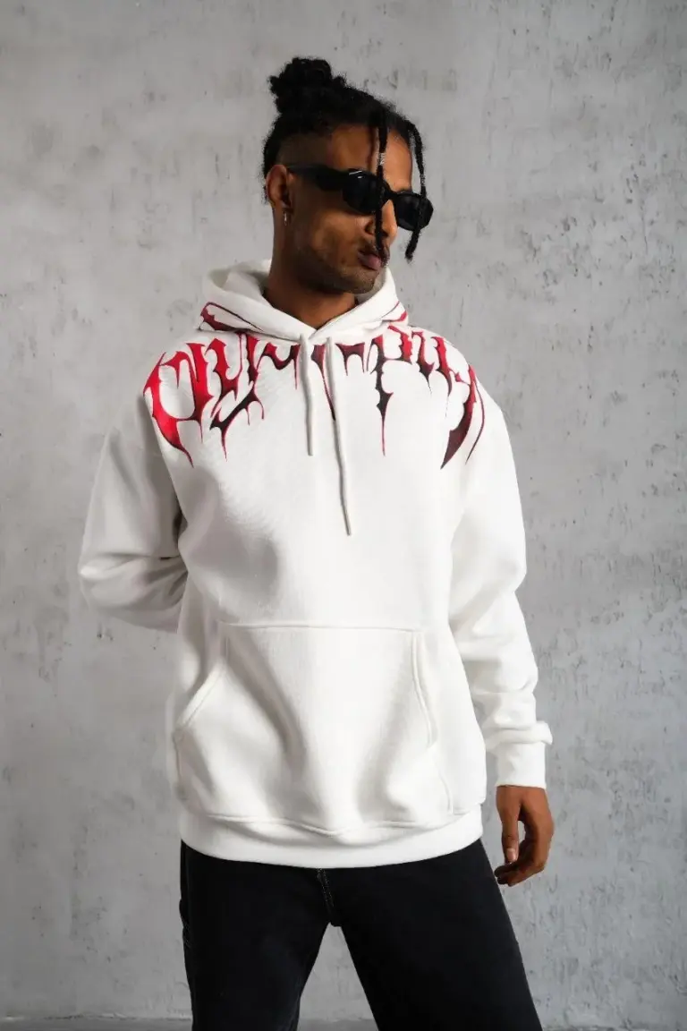 3 İplik Pamuklu Baskılı Kapüşonlu Cepli Sweatshirt Hoodie - Beyaz