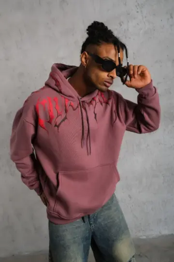 3 İplik Pamuklu Baskılı Kapüşonlu Cepli Sweatshirt Hoodie - Gül Kurusu