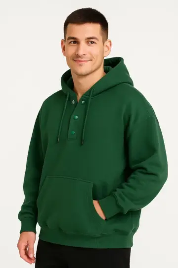Kapüşonlu Hoodie Cepli Çıtçıtlı 3 İplik Pamuklu Sweatshirt - Haki