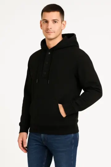 Kapüşonlu Hoodie Cepli Çıtçıtlı 3 İplik Pamuklu Sweatshirt - Siyah