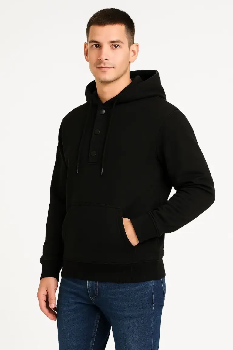 Kapüşonlu Hoodie Cepli Çıtçıtlı 3 İplik Pamuklu Sweatshirt - Siyah