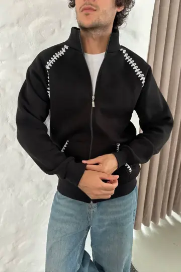 Oversize Dik Yaka Fermuarlı Sweatshirt - Zincir Nakışli Kanguru Cepli - Siyah