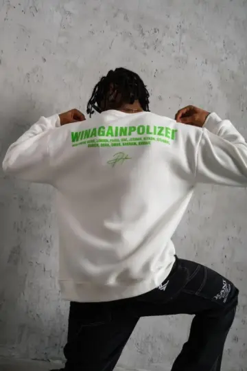 Oversize Sweatshirt Ön ve Sırt Baskılı 3 İplik Pamuklu - Beyaz