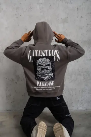 3 İplik Pamuklu Baskılı Kapüşonlu Cepli Sweatshirt Hoodie - Gri