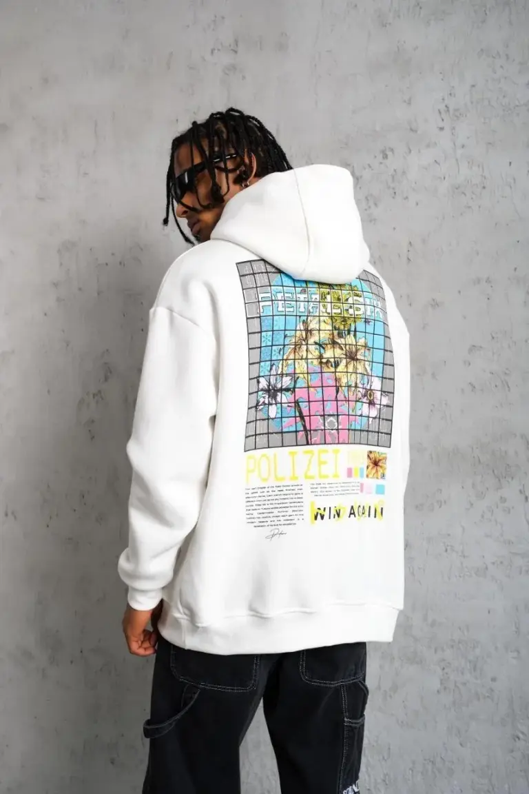 3 İplik Pamuklu Kapüşonlu Baskılı Cepli Oversize Sweatshirt Hoodie - Beyaz