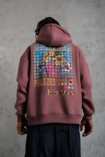 3 İplik Pamuklu Kapüşonlu Baskılı Cepli Oversize Sweatshirt Hoodie - Gül Kurusu