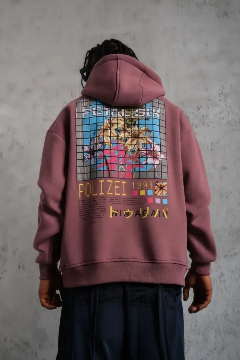 3 İplik Pamuklu Kapüşonlu Baskılı Cepli Oversize Sweatshirt Hoodie - Gül Kurusu