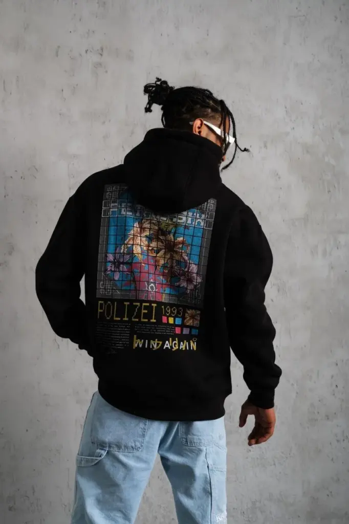 3 İplik Pamuklu Kapüşonlu Baskılı Cepli Oversize Sweatshirt Hoodie - Siyah