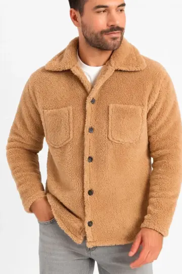 Pelüş Polar Hırka Gömlek Yakalı İlik Düğmeli Göğüs Cepli Yumuşak Dokulu - Açık Kahve