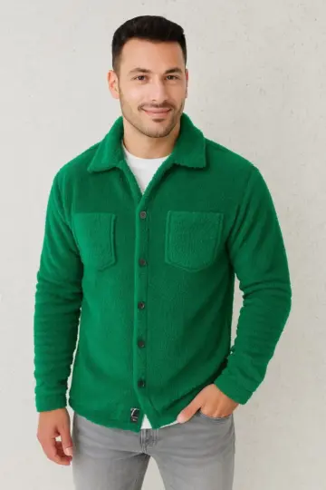 Pelüş Polar Hırka Gömlek Yakalı İlik Düğmeli Göğüs Cepli Yumuşak - Çimen Yeşili