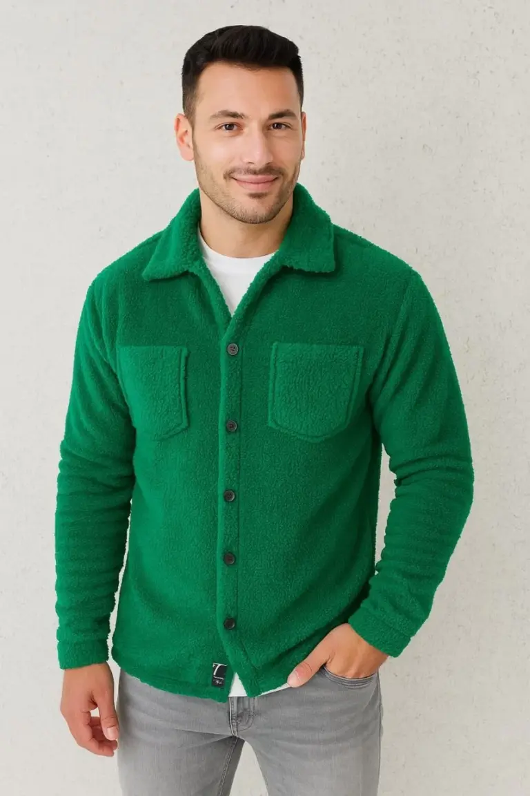 Pelüş Polar Hırka Gömlek Yakalı İlik Düğmeli Göğüs Cepli Yumuşak - Çimen Yeşili