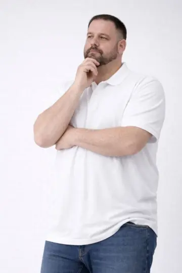 Polo Yaka Düğmeli Tişört Pike Kumaş Battal Beden Kısa Kol T-Shirt - Beyaz