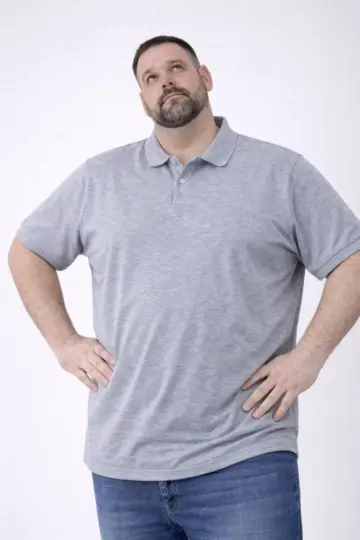 Polo Yaka Düğmeli Pike Kumaş Tişört Battal Beden Kısa Kol T-Shirt - Gri