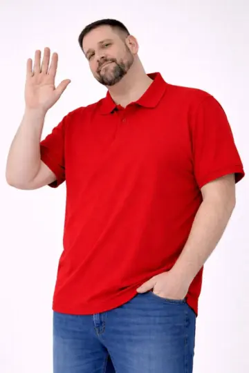 Polo Yaka Düğmeli Pike Kumaş Battal Beden Kısa Kol Tişört T-Shirt - Kırmızı