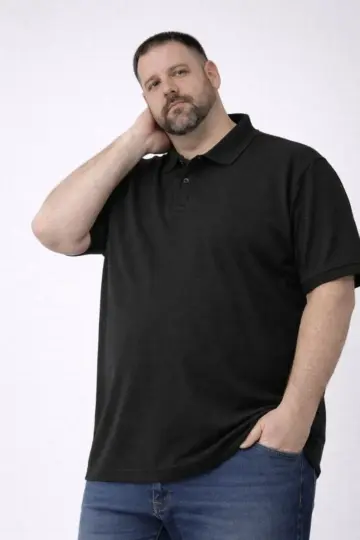 Polo Yaka Düğmeli Tişört Pike Kumaş Battal Beden Kısa Kol T-Shirt - Siyah