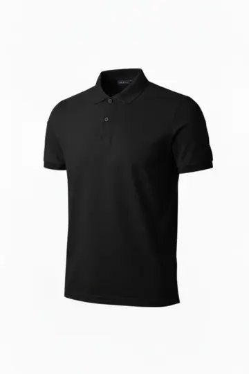 Polo Yaka Düğmeli Pike Kumaş Tişört Regular Fit Kısa Kol T-Shirt - Siyah