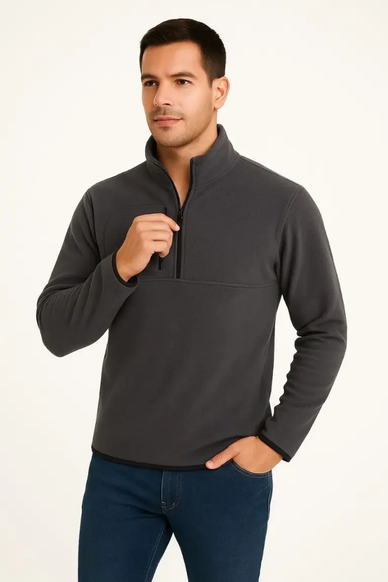 Polar Kazak Dik Yaka Yarım Fermuarlı Fermuarlı Göğüs Cepli Siyah Biyeli - Füme