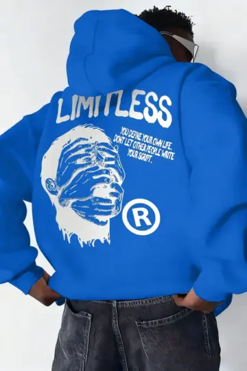 Baskılı Kapüşonlu Cepli Hoodie 3 İplik Pamuklu Sweatshirt - Saks Mavisi