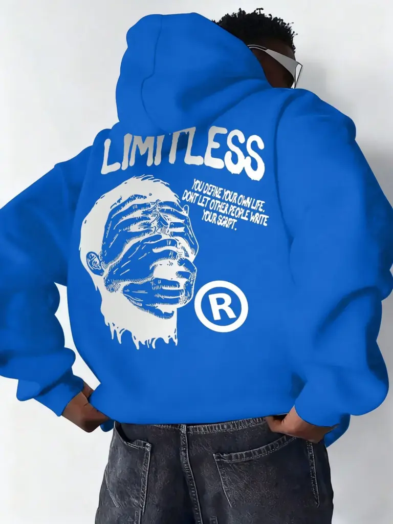 Baskılı Kapüşonlu Cepli Hoodie 3 İplik Pamuklu Sweatshirt - Saks Mavisi