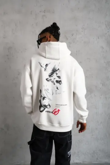 3 İplik Pamuklu Kapüşonlu Baskılı Cepli Oversize Sweatshirt Hoodie - Beyaz