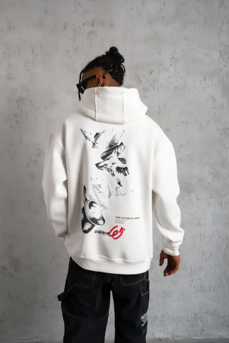 3 İplik Pamuklu Kapüşonlu Baskılı Cepli Oversize Sweatshirt Hoodie - Beyaz