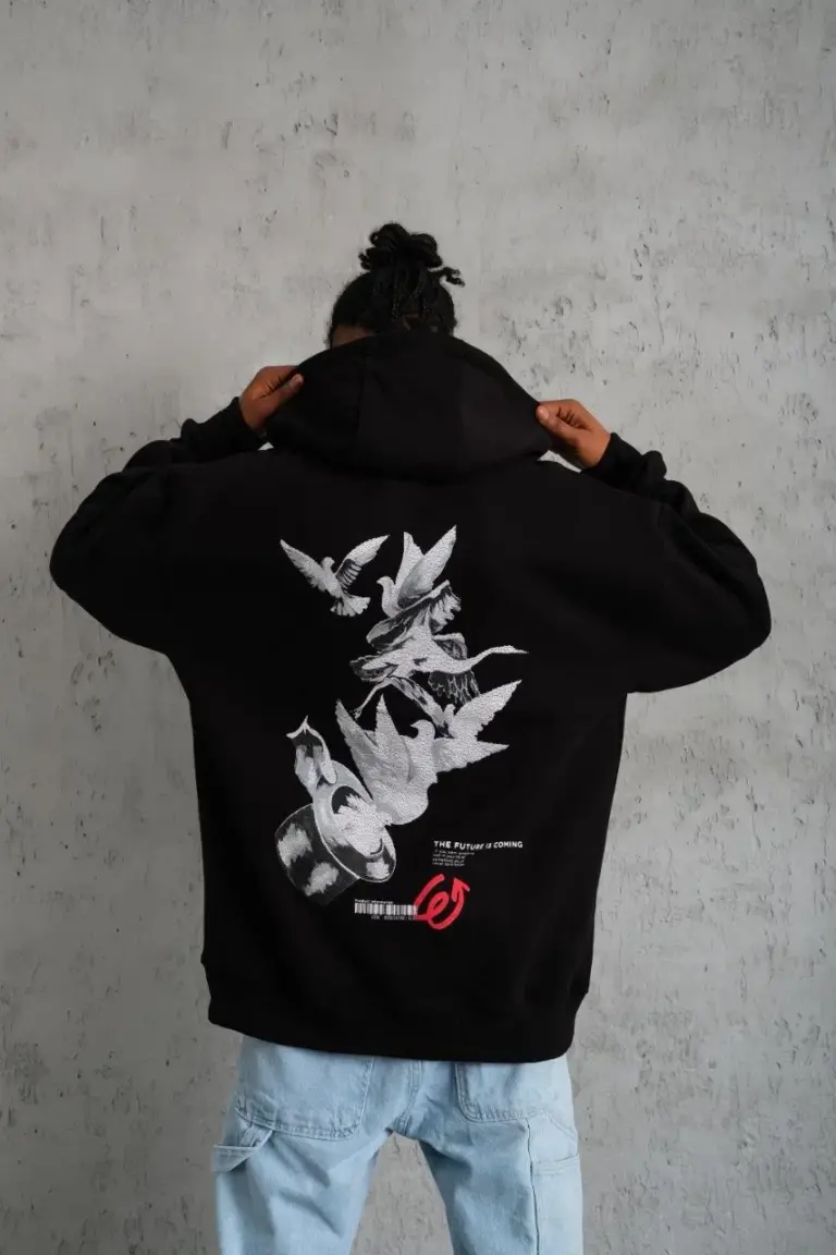 3 İplik Pamuklu Kapüşonlu Baskılı Cepli Oversize Sweatshirt Hoodie - Siyah