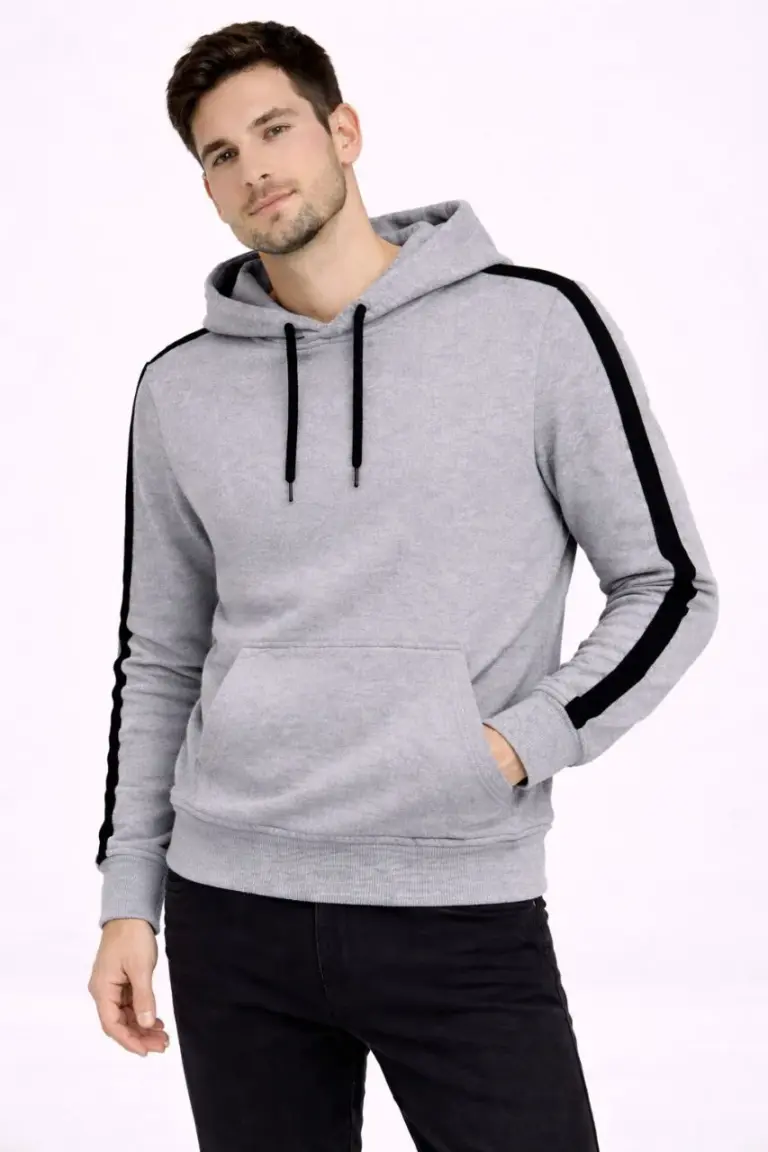 Şeritli Kapüşonlu Sweatshirt Oversize 3 iplik Pamuklu Hoodie - Gri