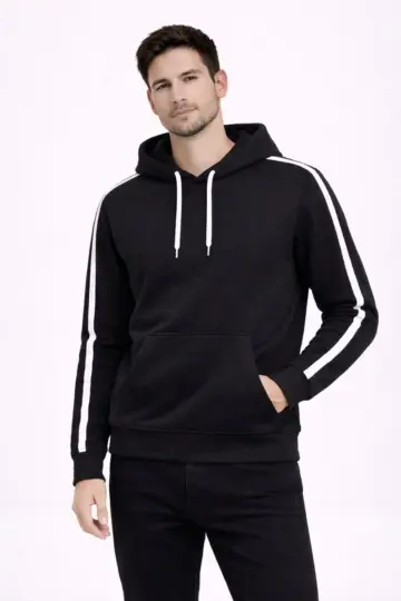 Şeritli Kapüşonlu Sweatshirt Oversize 3 iplik Pamuklu Hoodei - Siyah