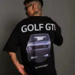 Oversize Tişört Golf GTI Retro Araba Baskılı T-shirt - Siyah