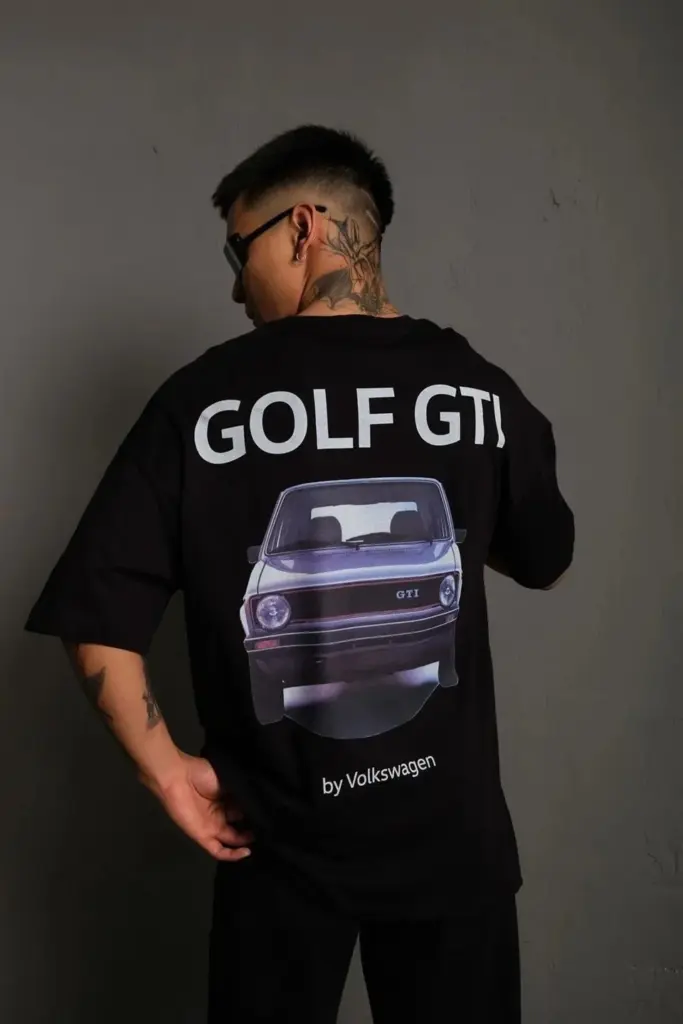 Oversize Tişört Golf GTI Retro Araba Baskılı T-shirt - Siyah