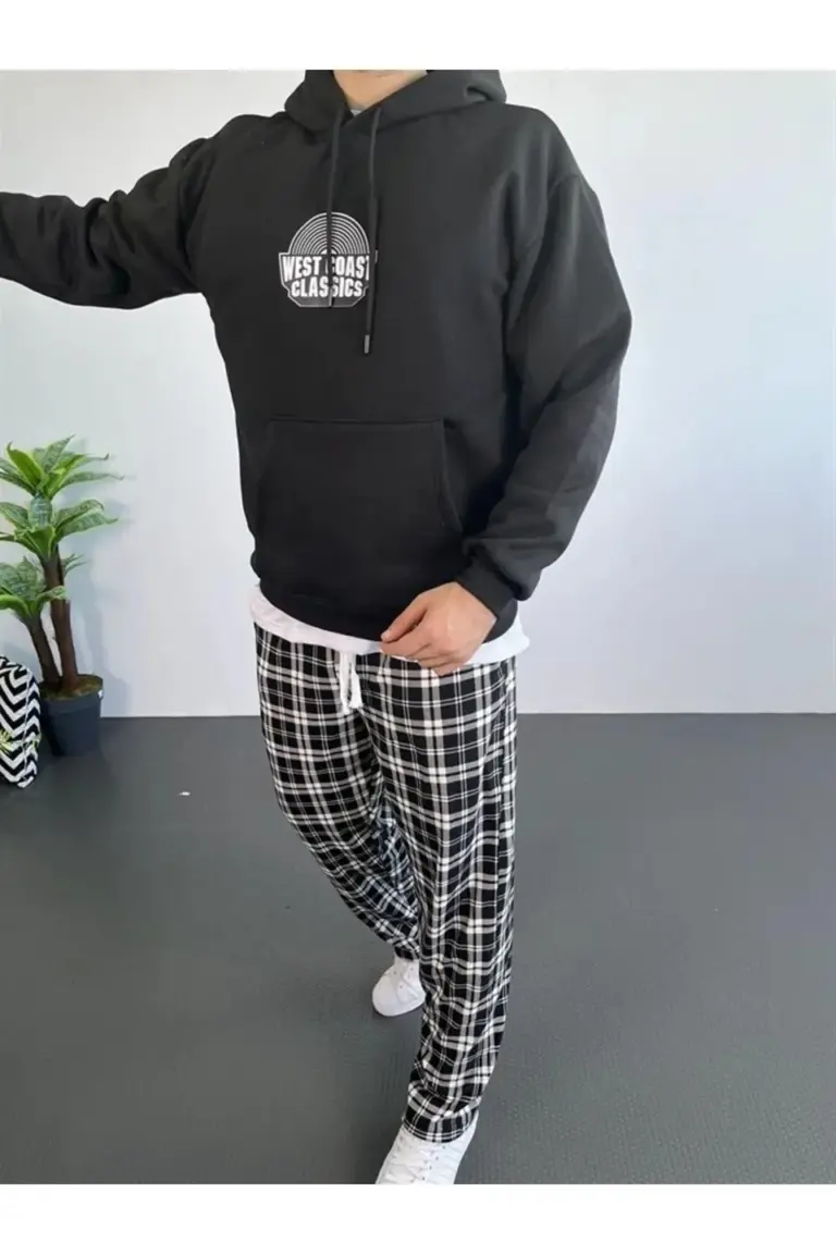 Kapüşonlu Kanguru Cepli Sweatshirt 3 İplik Pamuklu Baskılı Hoodie - Siyah