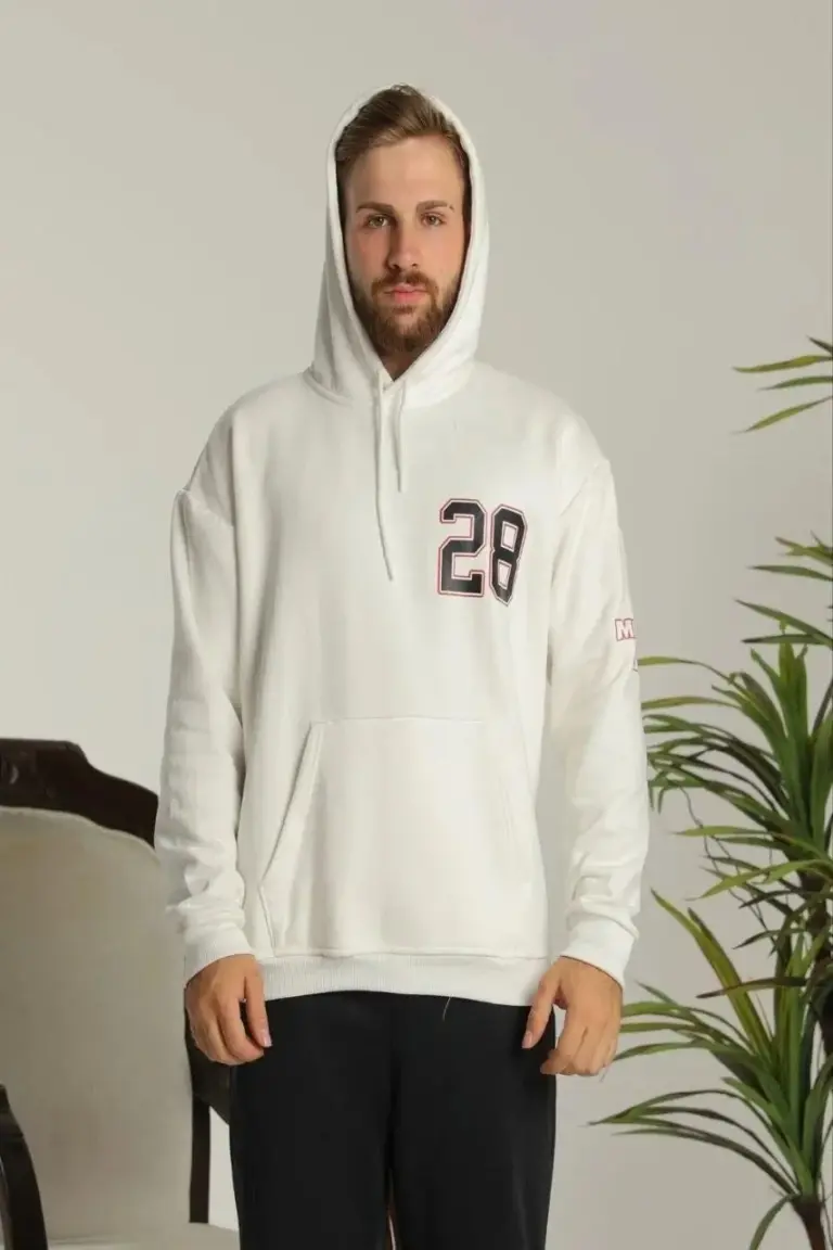 3 İplik Pamuklu Kapüşonlu Baskılı Cepli Oversize Sweatshirt Hoodie - Beyaz