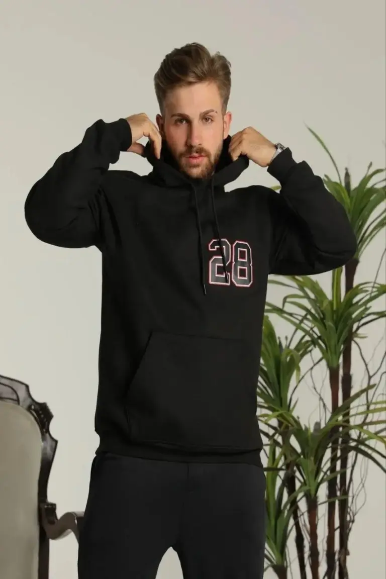 3 İplik Pamuklu Kapüşonlu Baskılı Cepli Oversize Sweatshirt Hoodie - Siyah