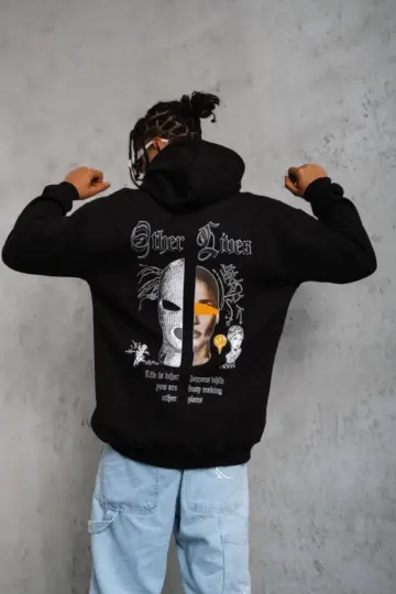 Kapüşonlu Kanguru Cepli Sweatshirt 3 İplik Pamuklu Baskılı Hoodie - Siyah