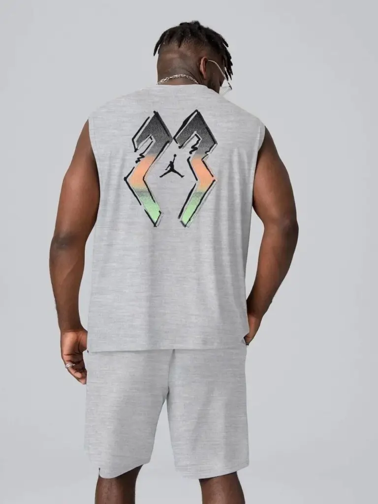 Sırt Baskılı Sıfır Kol İkili Şort Alt-Üst Takım - Gri