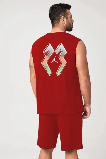 Sırt Baskılı Sıfır Kol İkili Şort Alt-Üst Takım - Kırmızı