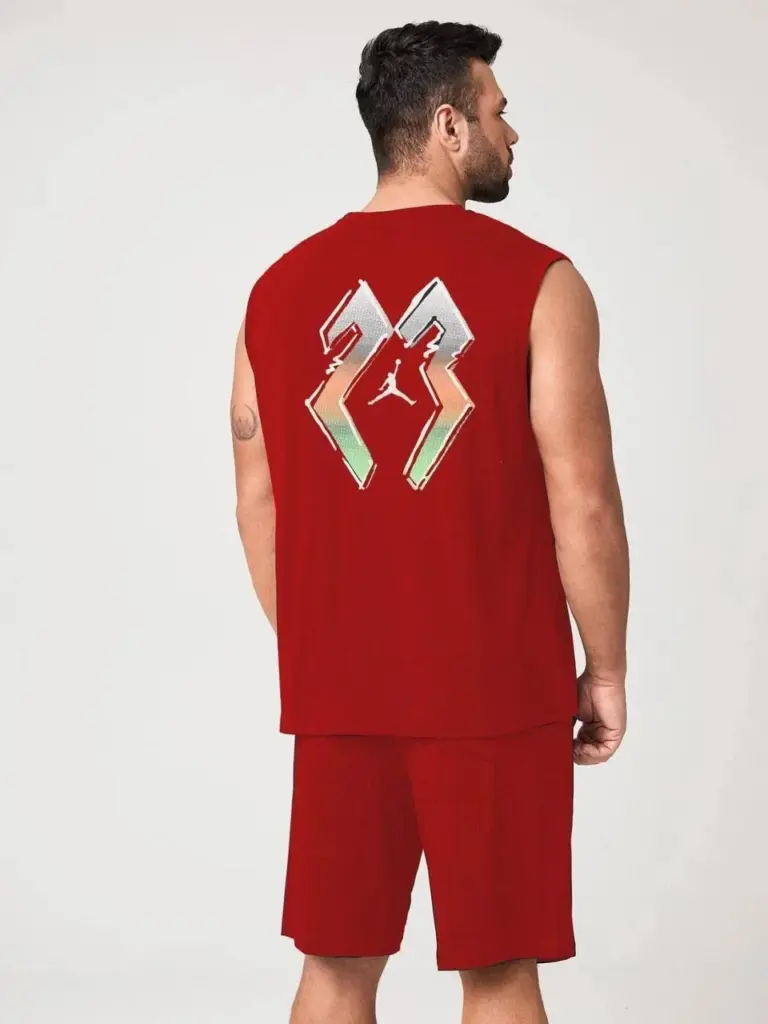 Sırt Baskılı Sıfır Kol İkili Şort Alt-Üst Takım - Kırmızı