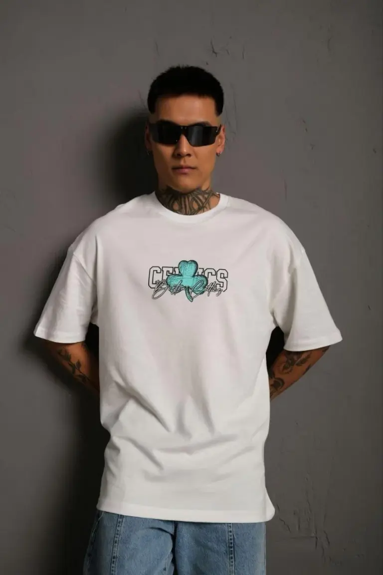 Kısa Kol Yazlık Tişört Bisiklet Yaka Baskılı Oversize T-Shirt - Beyaz