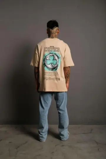 Kısa Kol Yazlık Tişört Bisiklet Yaka Baskılı Oversize T-Shirt - Bej