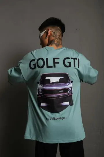 Oversize Tişört Golf GTI Retro Araba Baskılı T-shirt - Mint Yeşili